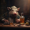 Drunk pig alcoholic with glass of whiskey Royalty Free Stock Photo