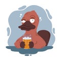 Drunk platypus with a glass of beer. Funny duckbill in the pub. Australian wildlife. Vector cartoon illustration.