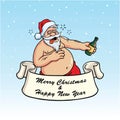 Drunk Santa Claus Drinking Booze. Christmas Card Vector on Blue Background