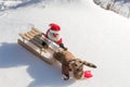 Drunk Santa Claus with empty bottle on the sled