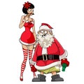 Drunk Santa Claus with a girl in a red dress