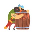 Drunk Scruffy Pirate Huging Wooden Barrel Of Rum, Filibuster Cut-Throat Cartoon Character