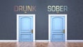 Drunk and sober as a choice - pictured as words Drunk, sober on doors to show that Drunk and sober are opposite options while