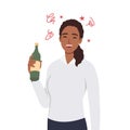 Drunk woman with alcohol bottle in her hand flat design. Drinking beer after work. Alcohol addiction.Untitled-10Drunk woman with