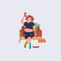 Drunk woman beggar sitting armchair female tramp drinking alcohol homeless jobless concept cartoon character flat full