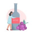 Drunk Woman Hugging Huge Bottle of Wine Cartoon Style Vector Illustration