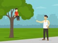 Drunkard character holding bottle in his hand and yelling to his child. A frightened boy climbed a tree running away from his dad. Royalty Free Stock Photo