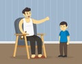 Drunkard male character holding bottle in his hand and yelling to his child while sitting on chair at home.Crying kid. Royalty Free Stock Photo