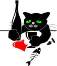 Drunken black cat with red heart and bottle Royalty Free Stock Photo