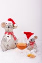 Drunken christmas mice with empty cognac glass