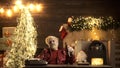 Drunken Santa at Christmas home. Sad alone man in Santas hat. Lonely friendless Christmas holidays concept. Older people