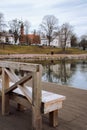 Druskininkai, Lithuania - February 2020: View on Druskininkai Museum over lake Druskonis