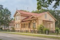 Druskininkai, Lithuania - May 10, 2019: Beautiful wooden house, old wooden villa with carving decorative elements in Royalty Free Stock Photo