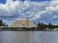 Druzhba Hotel in Vyborg from the other side of the bay, Vyborg, Russia Royalty Free Stock Photo