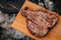 Dry Aged Barbecue Porterhouse Steak T-bone beef steak sliced with large fillet piece with herbs and salt. American meat