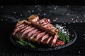 Dry Aged Barbecue Porterhouse Steak or T-bone beef steak sliced with large fillet piece with herbs and salt. banner, catering menu