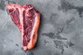 Dry-aged Raw T-bone or porterhouse beef marbled meat prime steak, on gray stone background, top view flat lay, with copy space for