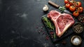 Dry-aged Raw T-bone or porterhouse beef meat Steak with herbs and salt. Black background. Top view. Royalty Free Stock Photo