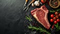 Dry-aged Raw T-bone or porterhouse beef meat Steak with herbs and salt. Black background. Top view. Royalty Free Stock Photo