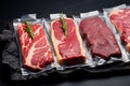 Dry aged steak assortment in vacuum sealed packs on black stone surface