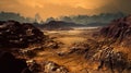 Dry alien landscape with mountain ranges and misty atmosphere. Generative AI