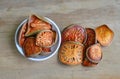 Dry bael fruit on wooden board