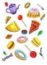 Dry bagel doodle sweets eat illustration set isolated color.
