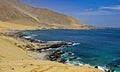 Dry bare sandy atacama desert mountains meet blue pacific ocean in lonely deserted bay - Pan de Azucar, Chile Royalty Free Stock Photo