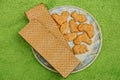 Dry biscuits and waffles on a white plate Royalty Free Stock Photo