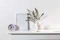 Dry branch of eucalyptus in a white figured earthenware vase. A figurine of a pink bird and a cup on the table. Scandinavian style