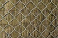 Dry branch fence with metal grill. Beautiful rustic closeup. Wood texture, abstract wooden background. Background Royalty Free Stock Photo