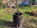 Dry branches are burning in a barrel. Autumn and spring cleaning Royalty Free Stock Photo