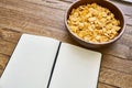 dry breakfast cereals notepad diet wooden background