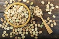 Dry broad beans on the table top view Royalty Free Stock Photo