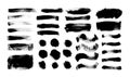 Dry brush strokes vector set. Hand drawn smears, dry stripes, brush lines, black circles and boxes.