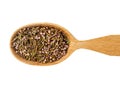Dry Calluna vulgaris or Heather in wooden spoon on white background Royalty Free Stock Photo