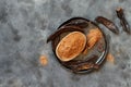 Dry carob powder and pods top view Royalty Free Stock Photo