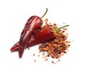 Dry chili peppers and powder Royalty Free Stock Photo