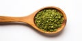Dry Chopped Parsley Pile In Wooden Spoon On White Background. Food Ingredient. Top View Of Herb Condiment Heap. AI generated