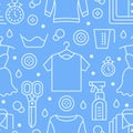 Dry cleaning, laundry blue seamless pattern with flat line icons. Laundromat service equipment, clothing repair, garment