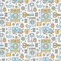 Dry cleaning, laundry blue seamless pattern with flat line icons. Laundromat service equipment, washing machine