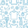Dry cleaning, laundry blue seamless pattern with line icons. Laundromat service equipment, clothing repair, garment