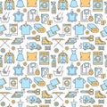 Dry cleaning, laundry blue seamless pattern with line icons. Laundromat service equipment, washing machine, clothing Royalty Free Stock Photo