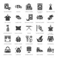 Dry cleaning, laundry flat glyph icons. Launderette service equipment, washer machine, shoe shine, clothes repair