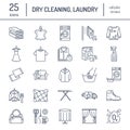 Dry cleaning, laundry line icons. Launderette service equipment, washing machine, clothing shoe and leaher repair