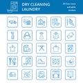 Dry cleaning, laundry line icons. Launderette service equipment, washing machine, clothing shoe and leaher repair Royalty Free Stock Photo