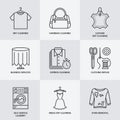 Dry cleaning, laundry line icons. Launderette service equipment, washing machine, clothing shoe and leather repair