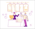 Dry Cleaning Service. Female Character Professional Laundry Worker Giving to Client Bag with Clean Clothes on Reception