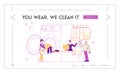 Dry Cleaning Service Landing Page Template. Female Character Laundry Worker Loading Dirty Clothes to Laundromat