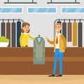 Dry Cleaning Shop, Woman Employee Giving Clean Clothes to Male Client Cartoon Vector Illustration